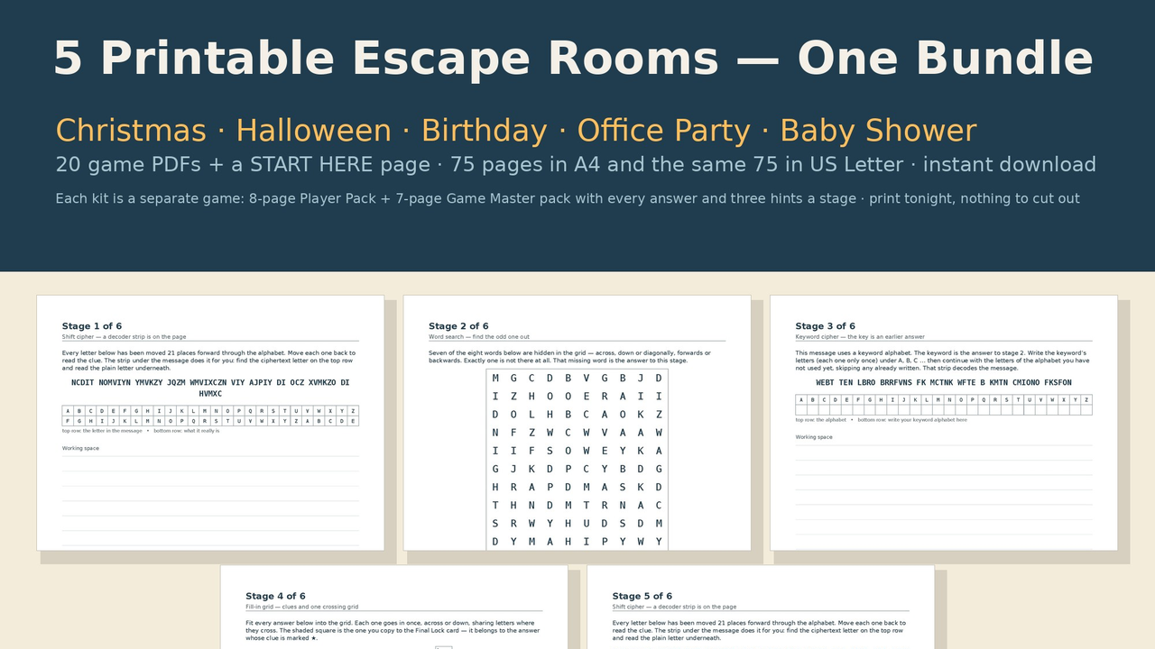 5 Escape Rooms — Bundle (printable) cover
